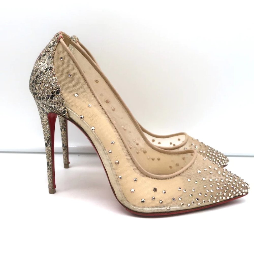 Christian Louboutin Follies Strass 100 Pumps Nude Mesh & Gold Glitter Size 37 - Picture 2 of 12